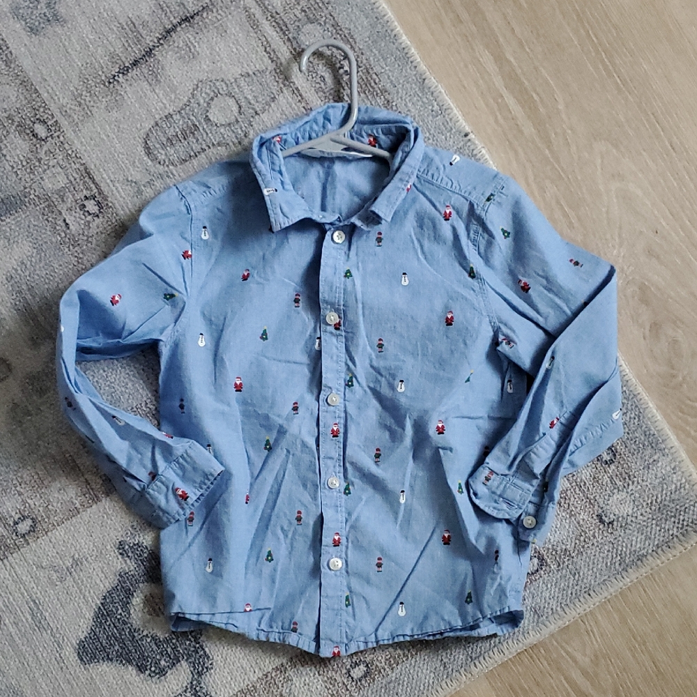 H&M Boys Blue Christmas Holiday Button-up Shirt Sz5-6y